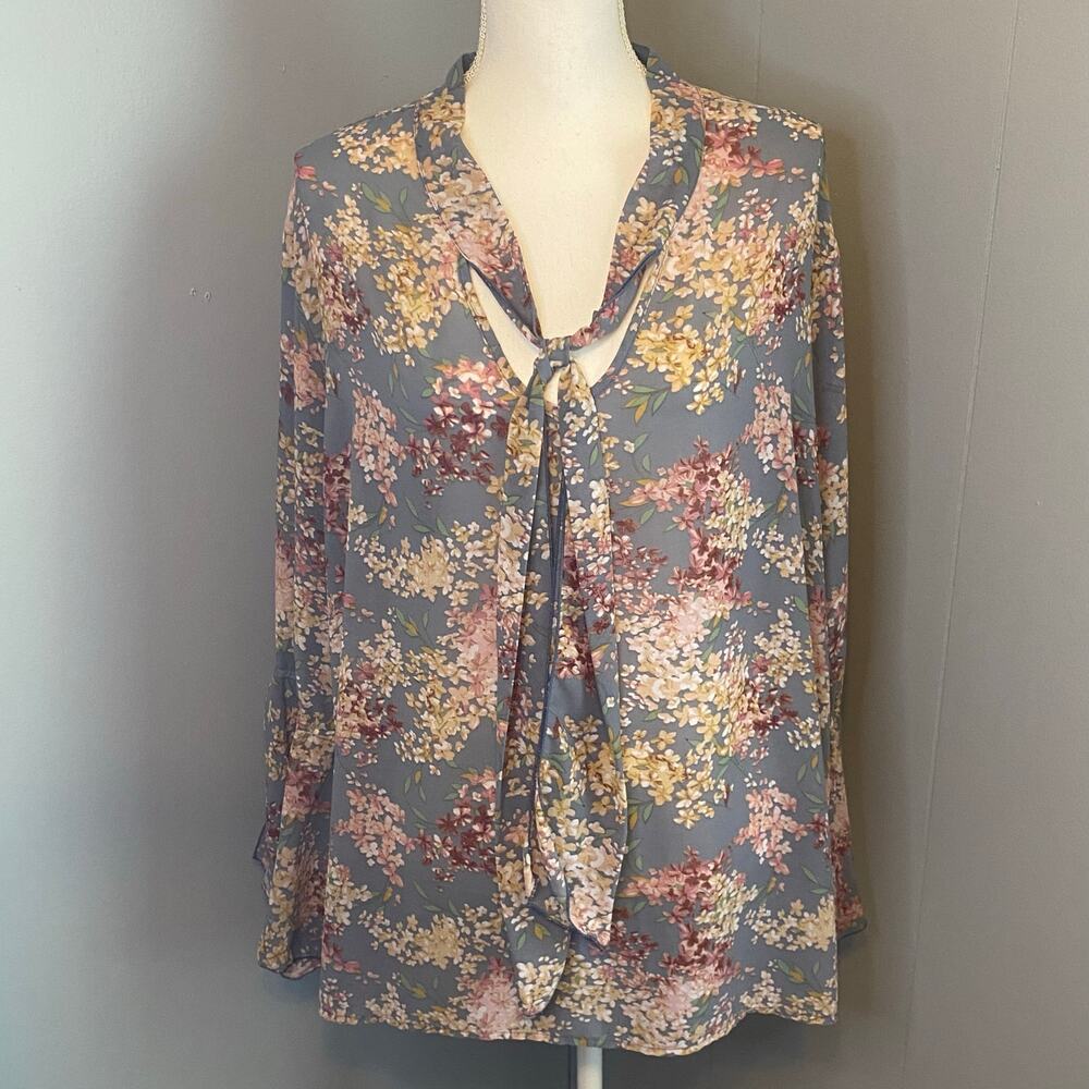 Full Circle Trends Blouse Womens Floral Long Sleeve Tie Neck Boho Top